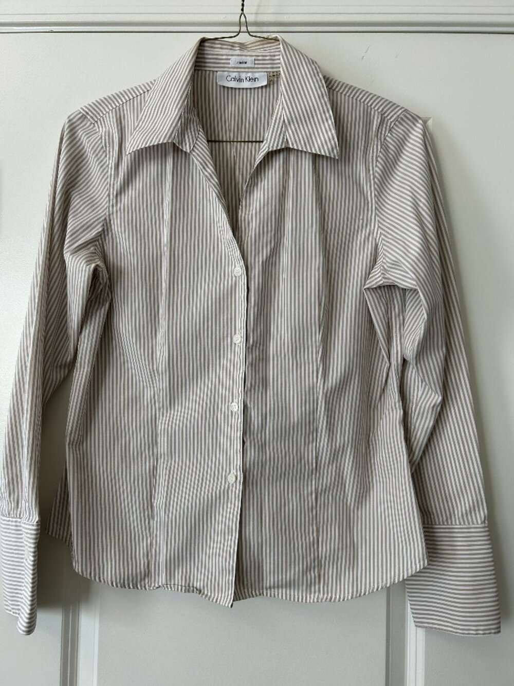 Calvin Klein Women's Long Sleeve Blouse | Beige/White Pinned Stripped | Size 10